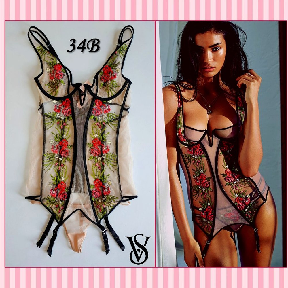 💖 RARE! - NWT Victoria's Secret Designer Corset Set, Rose Embroidered Mesh